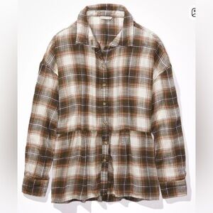 Women's American Eagle Oversized Babydoll Top Flannel Shirt Brown Plaid sz XS